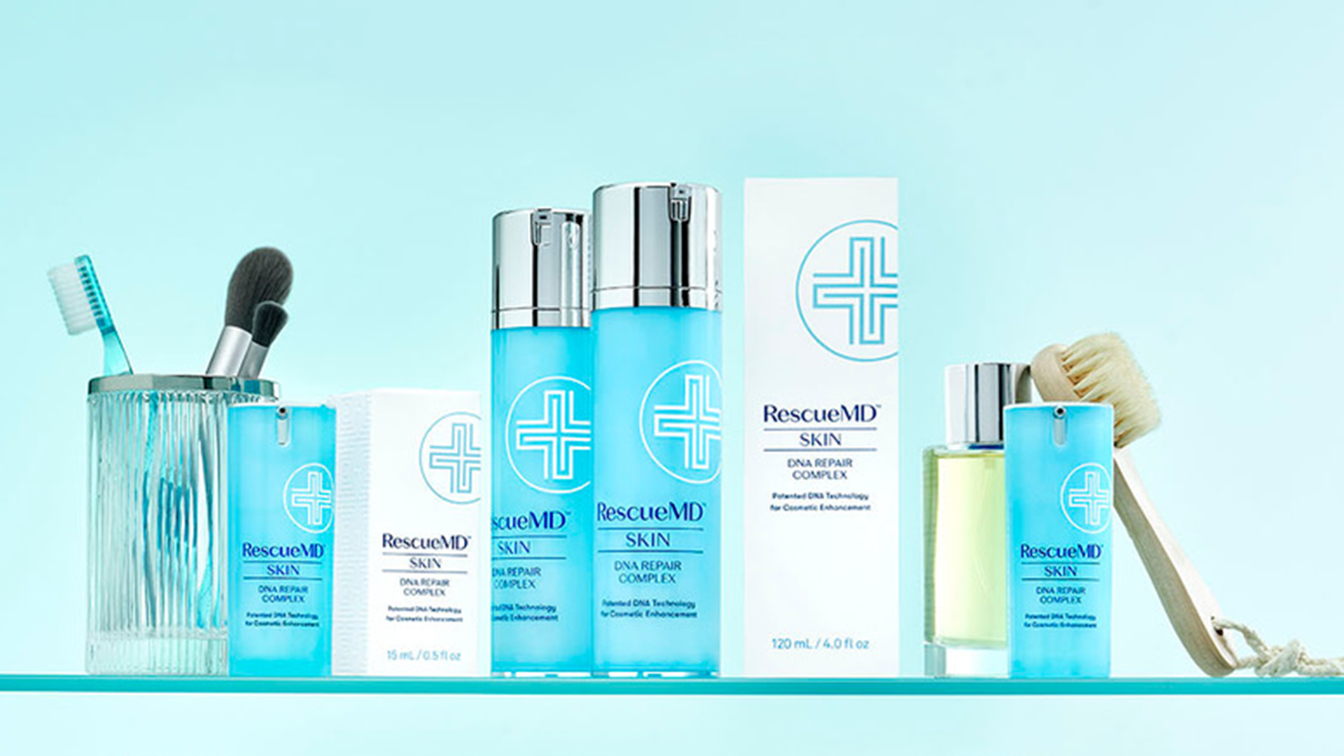A landscape image showcasing the variants and packaging of RescueMD serum. The image features white and sky blue colors predominantly, with various packaging options displayed, including glass jars with brushed finishes