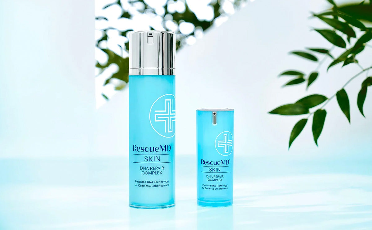 An image showcasing two packaging designs of RescueMD serum with a background of some leaves