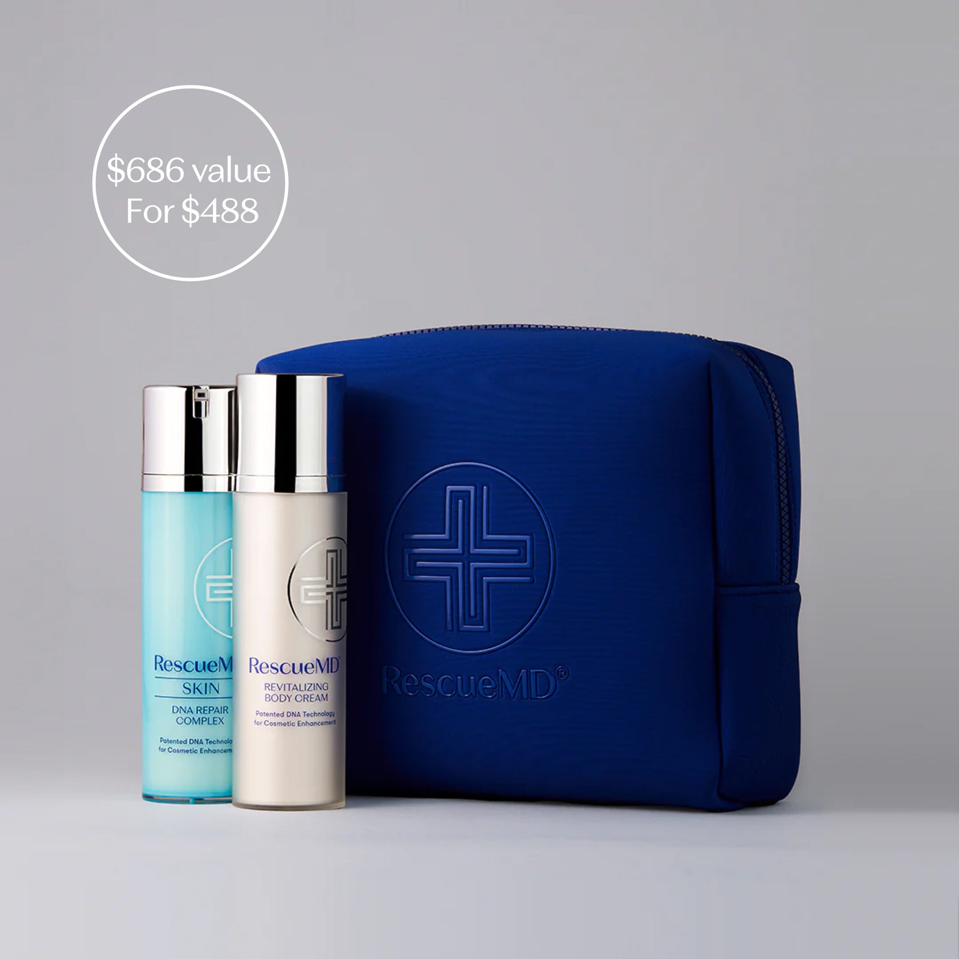 Two Rescue MD bottles and a blue pouch with Value Savings on a gray background.