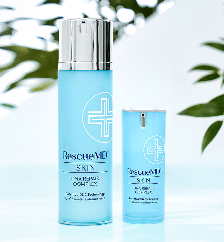 an image showcasing two packaging designs of RescueMD serum with a spa-like background with some leaves