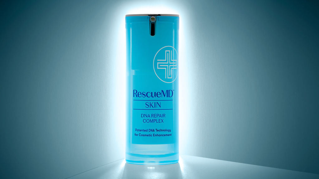 a spotlight photograph of the RescueMD serum bottle container package, illuminated with white ambient light from the background, creating a visually appealing and dramatic effect