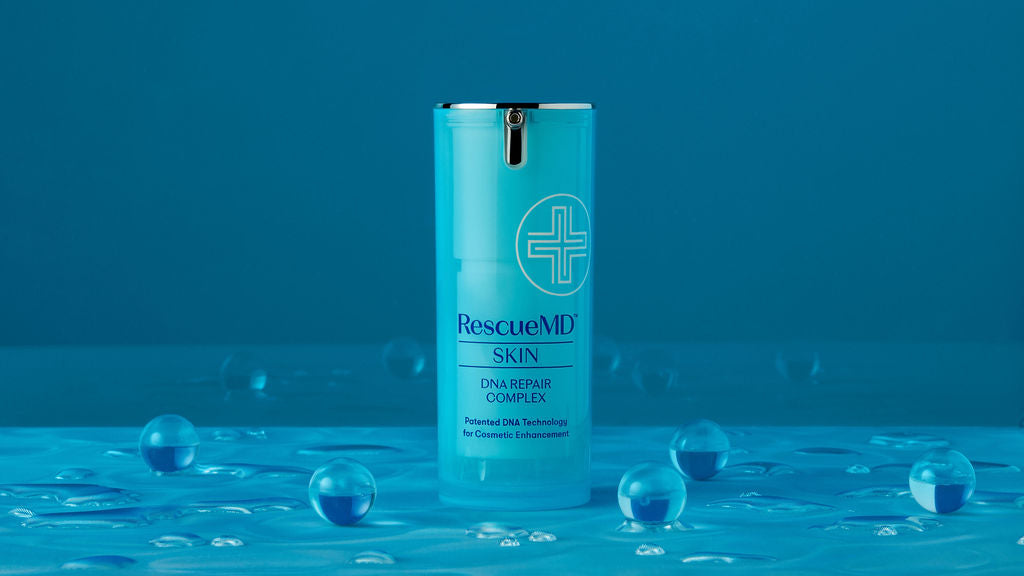 RescueMD serum bottle packaging featuring over a blue crystalline finish