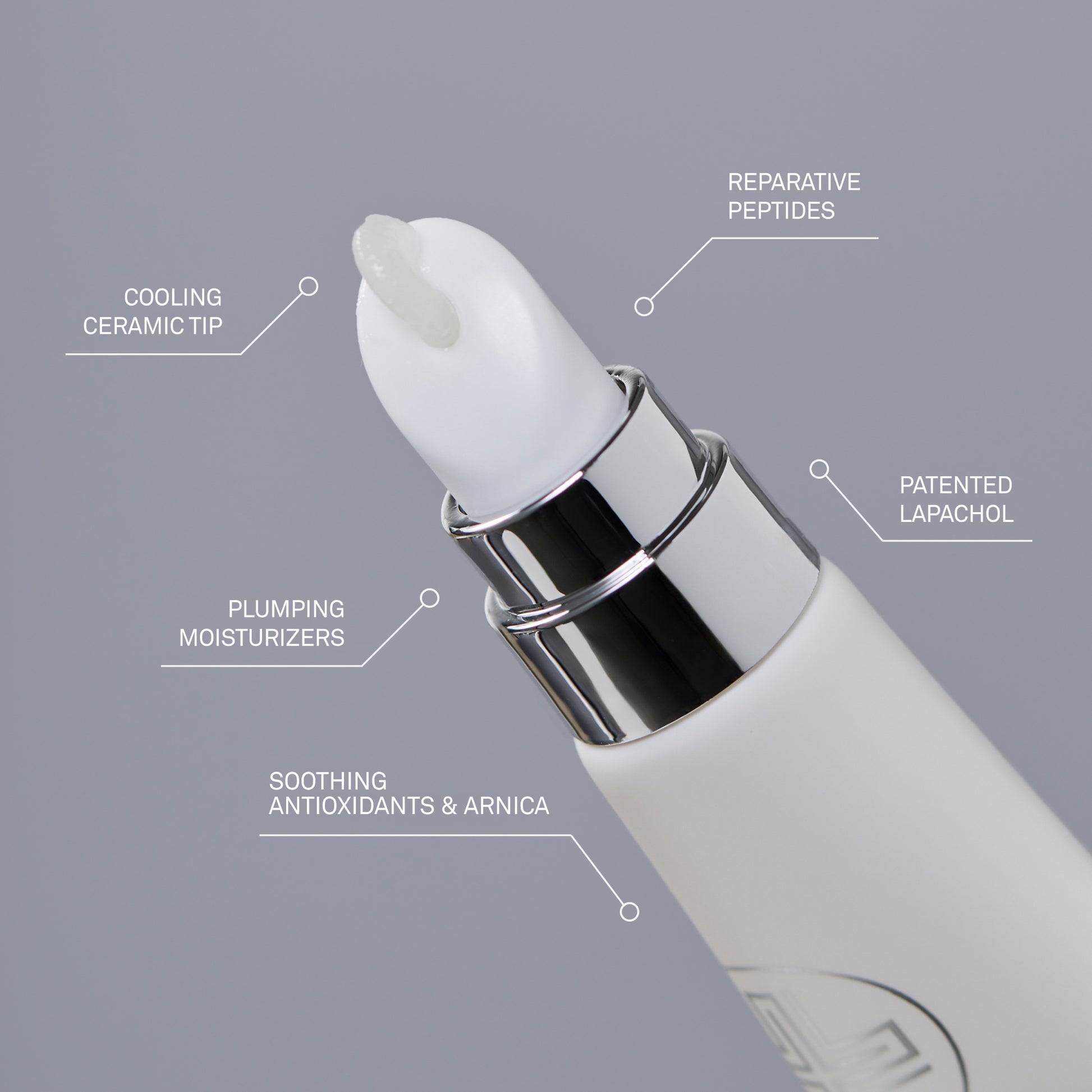 Rescue MD Restorative Lip Treatment with labeled components on a gray background