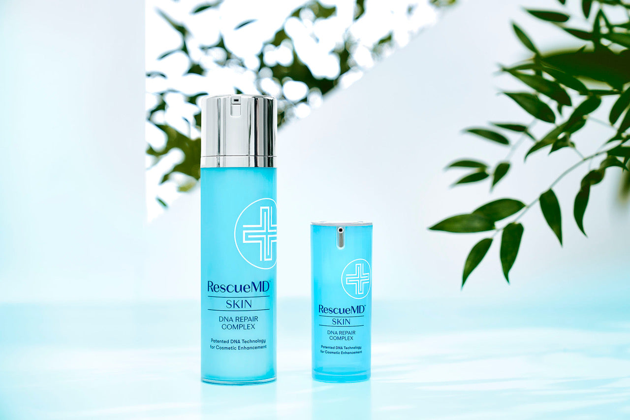 An image showcasing two packaging designs of RescueMD serum with a background of some leaves