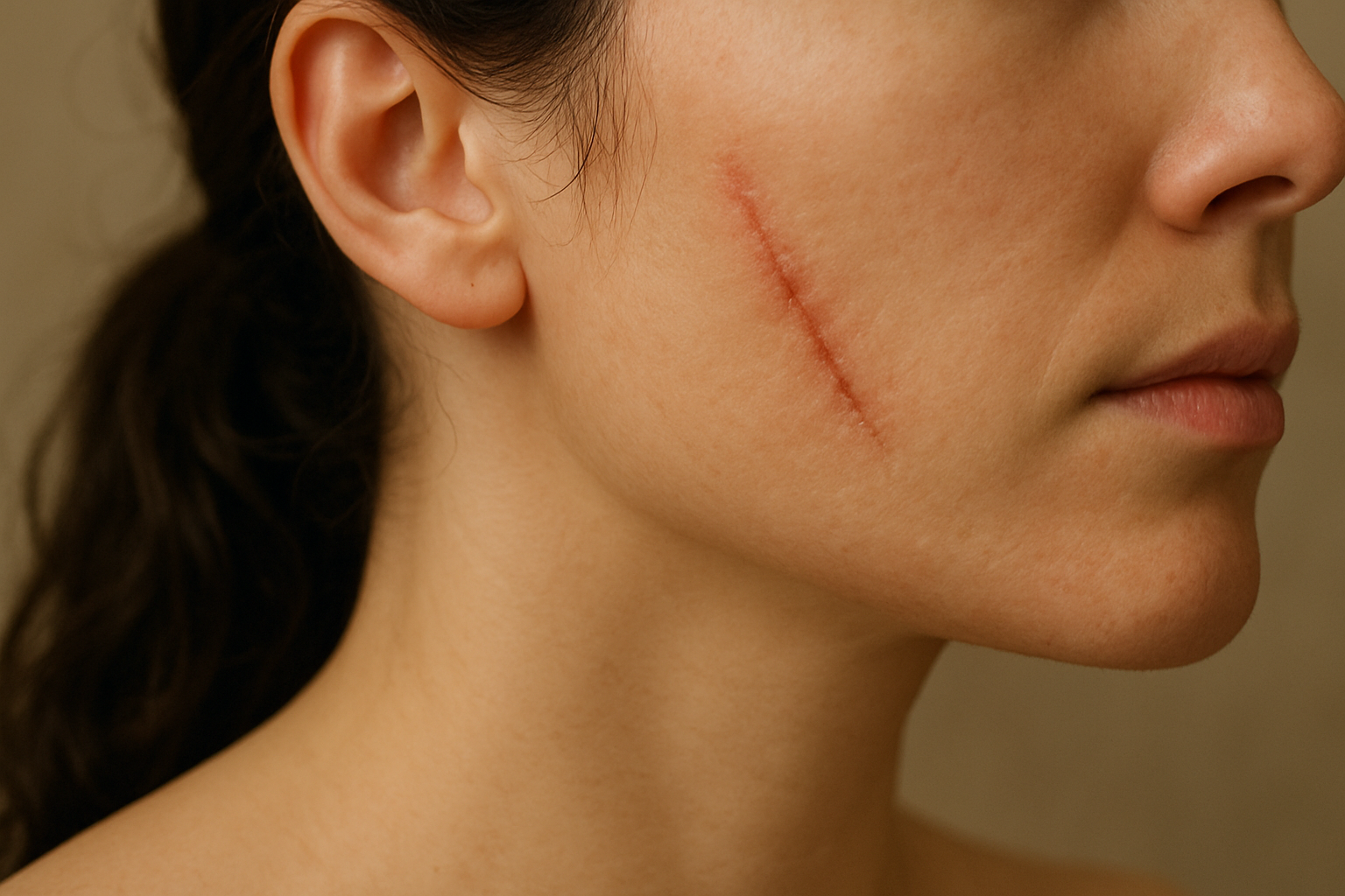 Close-up of a woman’s cheek with a healing facial scar, illustrating results possible with RescueMD scar treatment and scar removal serum.