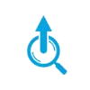 Blue vector icon depicting a magnifying glass surrounding a vertical arrow pointing upward, symbolizing search ranking improvement and performance optimization.
