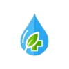 A professional icon featuring a blue water droplet encapsulating a bright green leaf and a green medical cross, symbolizing natural ingredients, purity, and ecological health solutions.