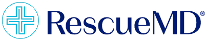 RescueMD official logo displaying a bright blue stylized medical cross icon adjacent to the dark blue text 'RescueMD' with a registered trademark symbol.